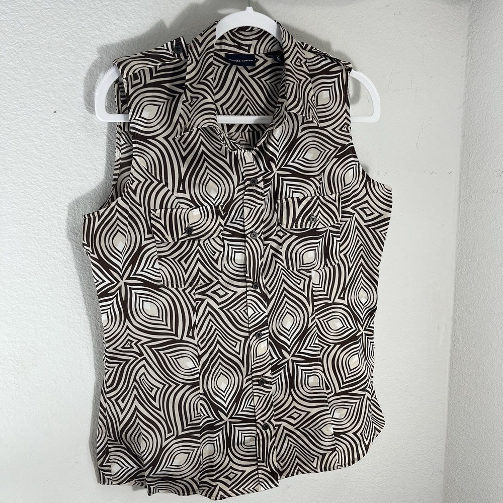 New York & Company Shirt Women Large Sleeveless Collar Button Brown Workwear